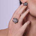 Clearance-Silver 925 Black Rhodium Plated White Enamel Pave Set Clear CZ Flower Ring - STR00857