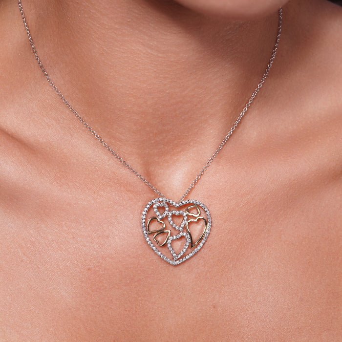 Clearance-Silver 925 Clear CZ Rhodium Plated Multi Heart Pendant Necklace - BGP00098