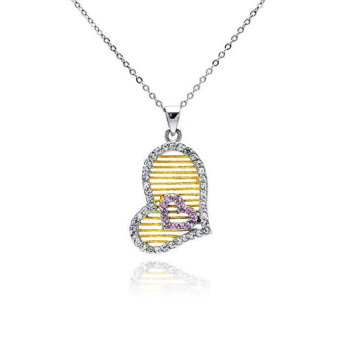 Silver 925 Gold and Rhodium Four Toned Sideways Double Heart CZ Necklace - BGP00198 | Silver Palace Inc.