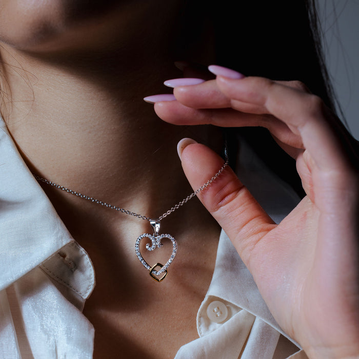 Clearance Silver 925 Gold and Rhodium Plated Open Heart CZ Necklace - BGP00184