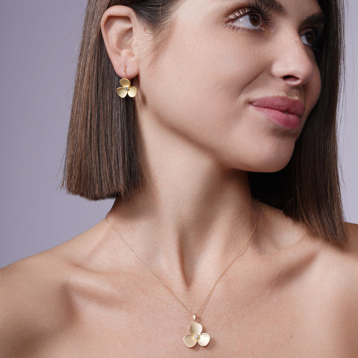 Clearance-Silver 925 Gold Plated Flower CZ Hook Earring and Necklace Set - STS00243GP