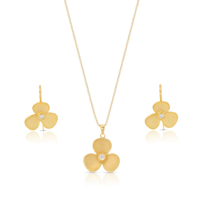 Clearance-Silver 925 Gold Plated Flower CZ Hook Earring and Necklace Set - STS00243GP