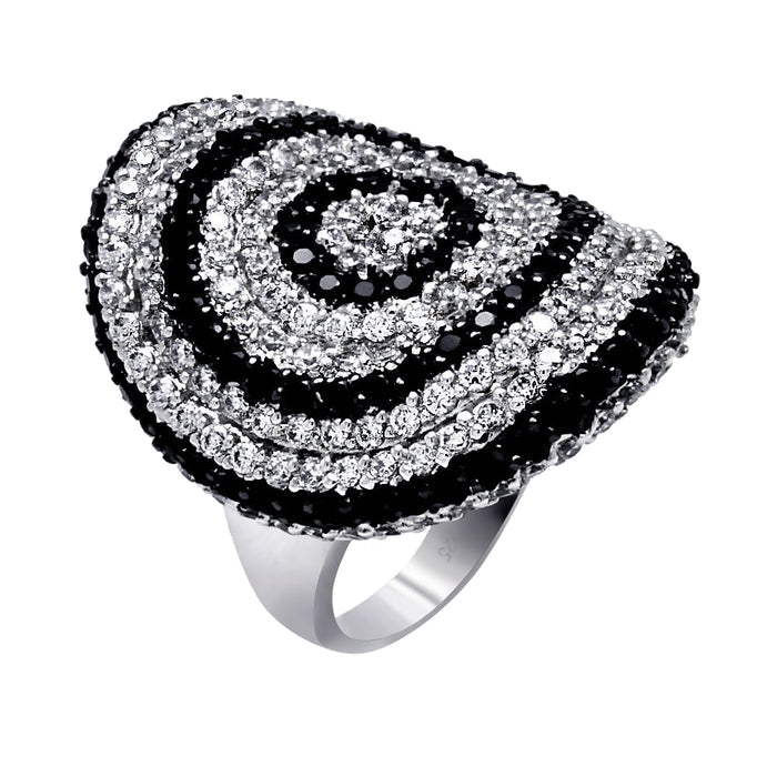 Clearance-Silver 925 Rhodium and Black Rhodium Plated Clear and Black CZ Spiral Ring - BGR00352