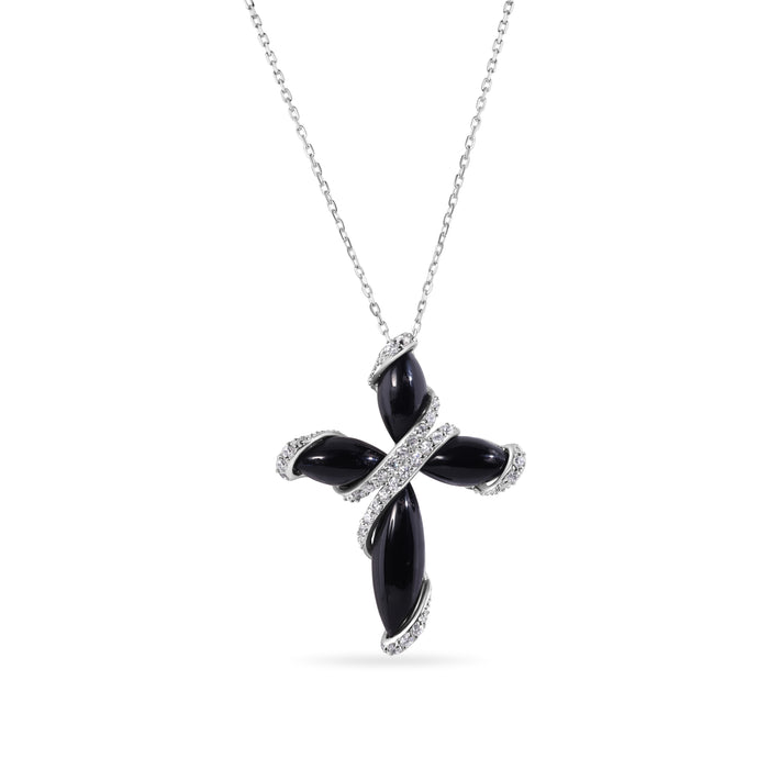Clearance-Silver 925 Rhodium Plated Black Onyx Cross CZ Necklace - BGP00488