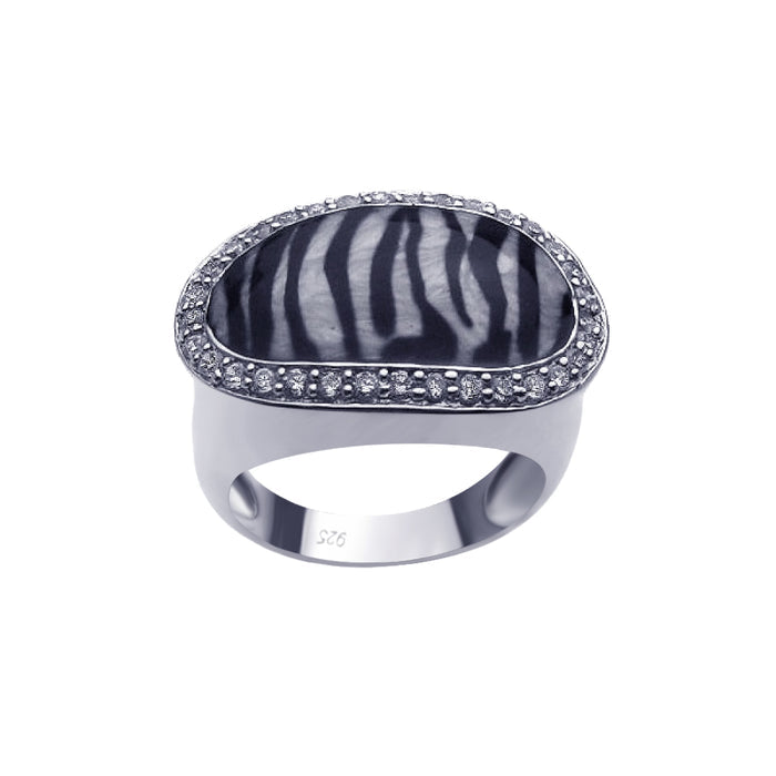 Clearance-Silver 925 Rhodium Plated Clear CZ Border Zebra Print Ring - BGR00189