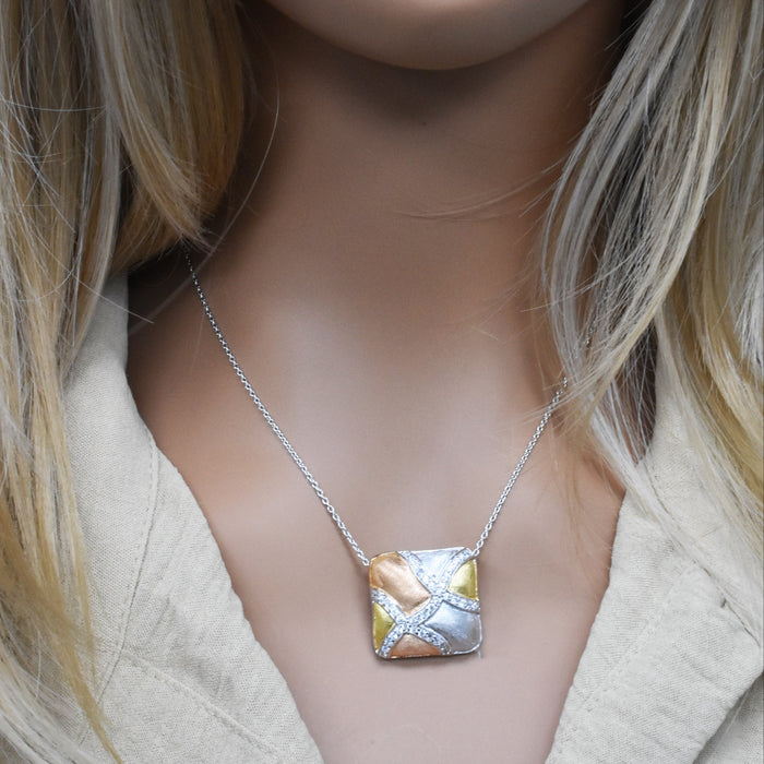 Clearance-Silver 925 Rhodium Plated Clear CZ Square Pendant Necklace - STP00677