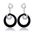 Closeout-Silver 925 Rhodium Plated Coil J hook CZ Black Round Onyx Dangling Stud Earrings - STE00530 | Silver Palace Inc.
