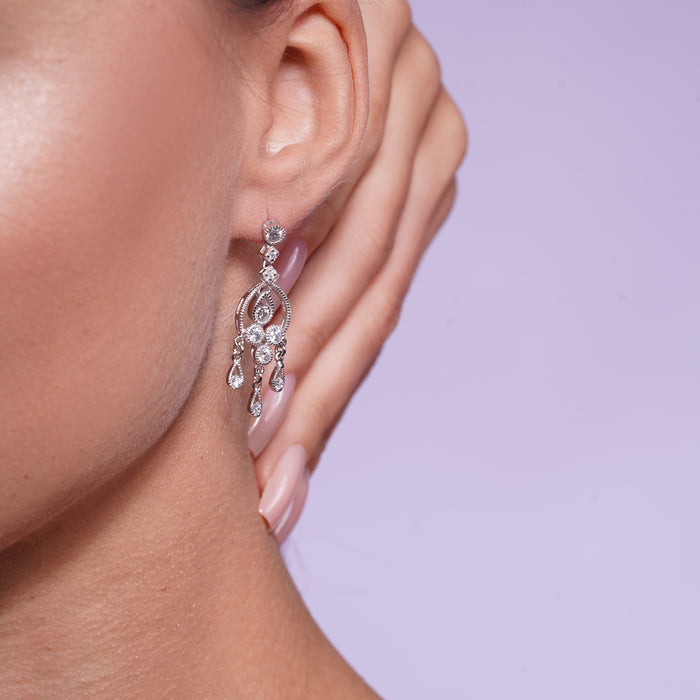 Silver 925 Rhodium Plated CZ Three Stranded Dangling Earrings - STE00030 | Silver Palace Inc.