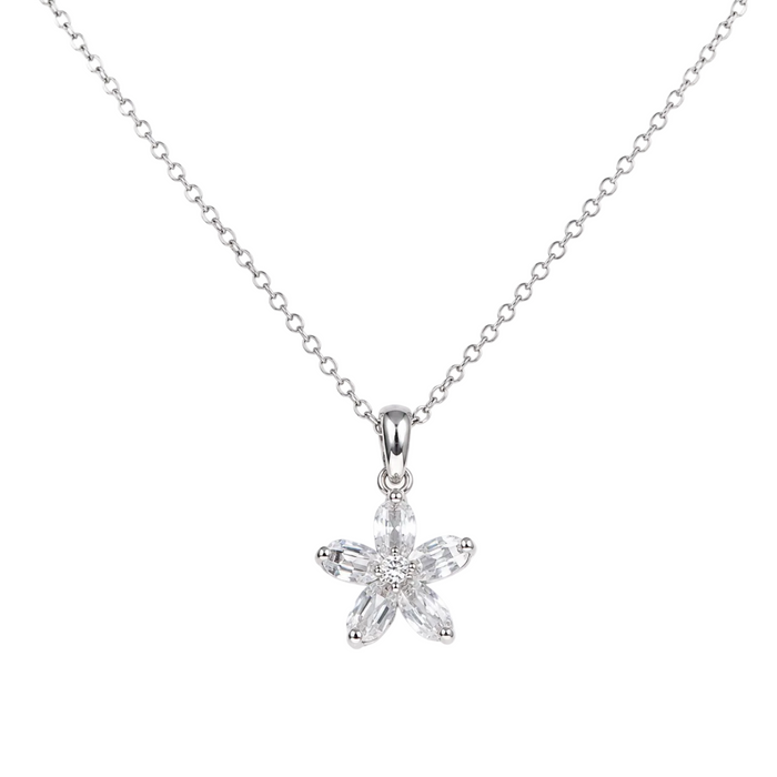 Clearance-Silver 925 Rhodium Plated Flower Design CZ Necklace - BGP00535
