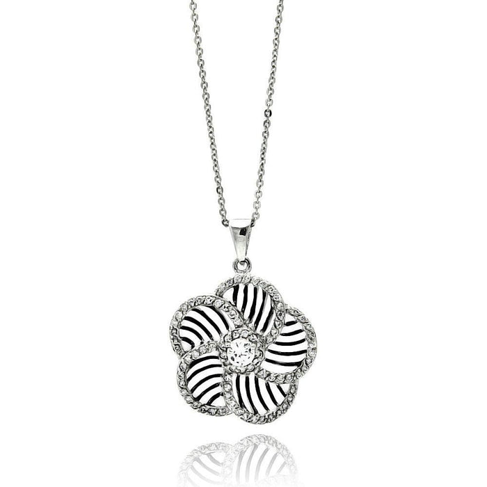 Closeout-Silver 925 Rhodium Plated Flower Inner Zebra Print CZ Necklace - BGP00519 | Silver Palace Inc.