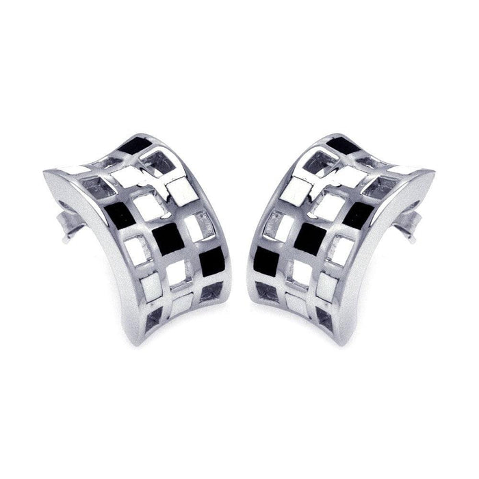 Closeout-Silver 925 Rhodium Plated Half Circle Black and Clear CZ Stud Earrings - BGE00130 | Silver Palace Inc.