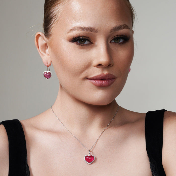 Clearance-Silver 925 Rhodium Plated Heart Pink CZ Hoop Set - STS00147