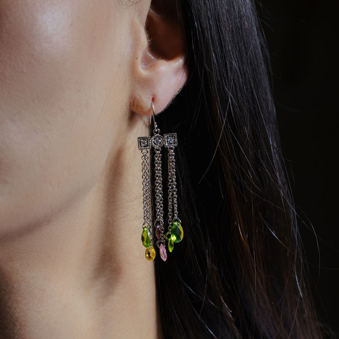 Silver 925 Rhodium Plated Multicolor CZ Wire Dangling Hook Earrings - STE00142 | Silver Palace Inc.