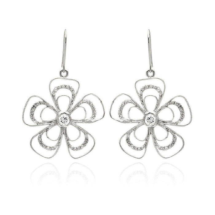 Closeout-Silver 925 Rhodium Plated Open Flower CZ Dangling Hook Earrings - BGE00232 | Silver Palace Inc.