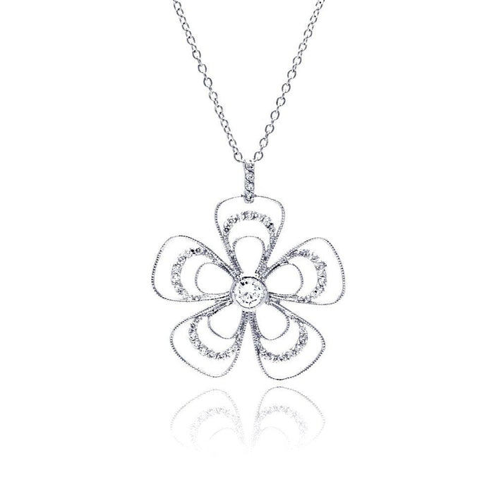 Closeout-Silver 925 Rhodium Plated Open Flower CZ Necklace - BGP00321 | Silver Palace Inc.