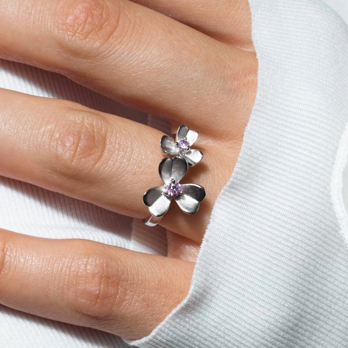 Clearance-Silver 925 Rhodium Plated Pink CZ Flower Ring - BGR00262