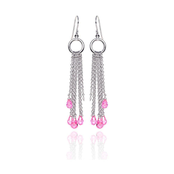 Closeout-Silver 925 Rhodium Plated Pink Tear Drop CZ Multi Wire Dangling Hook Earrings - STE00072 | Silver Palace Inc.