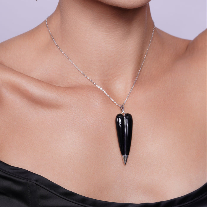 Clearance-Silver 925 Rhodium Plated Pointed Black Onyx Hook Earring and Necklace Set - BGS00133