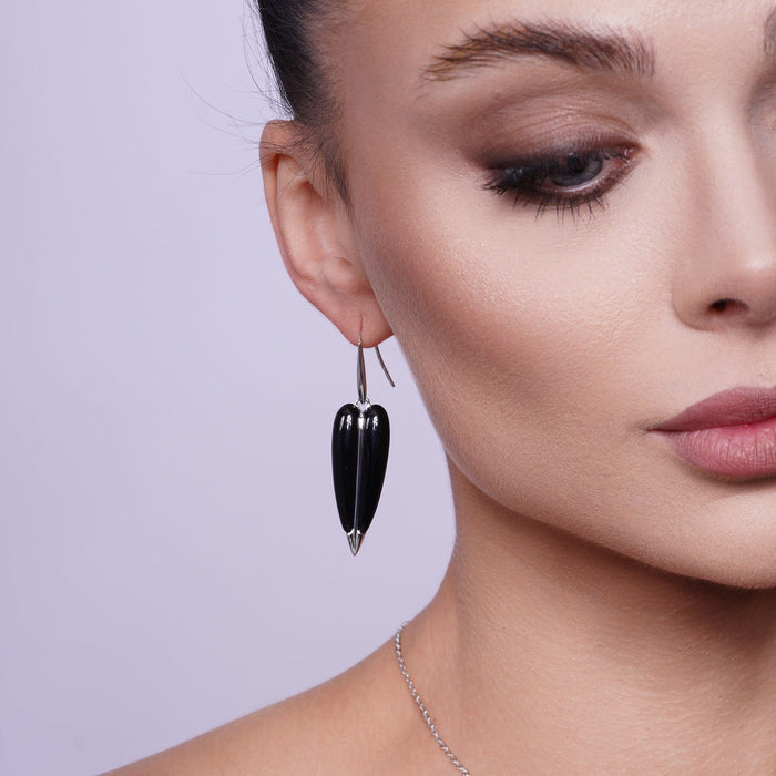 Clearance-Silver 925 Rhodium Plated Pointed Black Onyx Hook Earring and Necklace Set - BGS00133