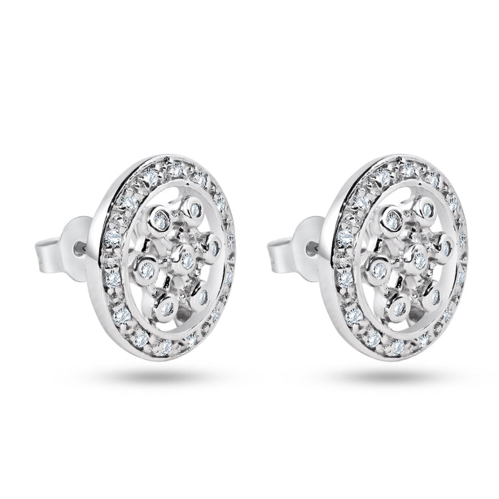 Clearance - Silver 925 Rhodium Plated Round Helm Wheel CZ Stud Earrings - STE00129