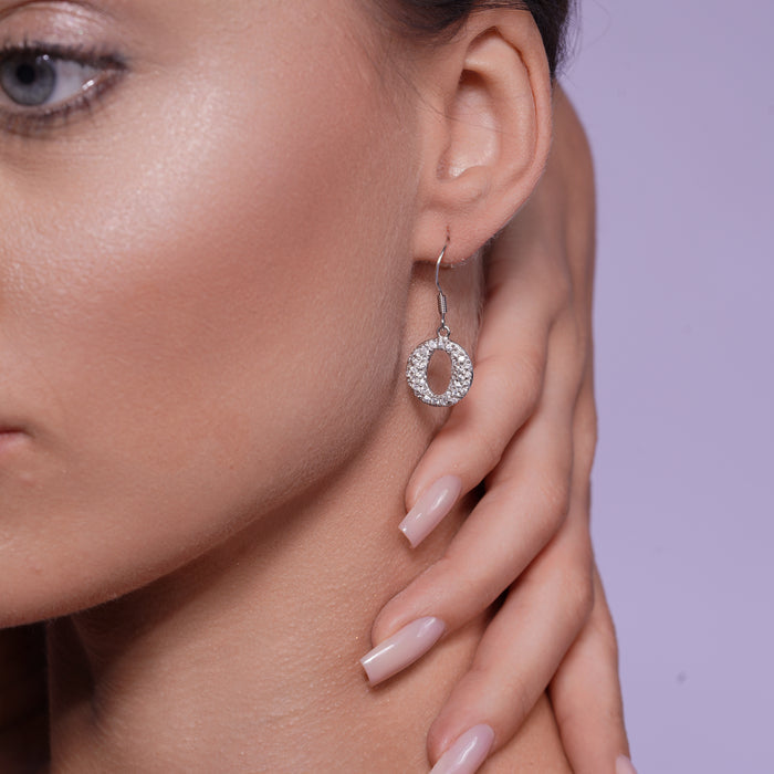 Clearance-Silver 925 Rhodium Plated Round Oval CZ Dangling Hook Earrings - STE00245