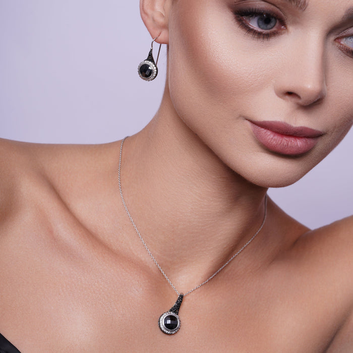 Clearance-Silver Black and Rhodium Plated Round CZ Hook Earring and Necklace Set - STS00185