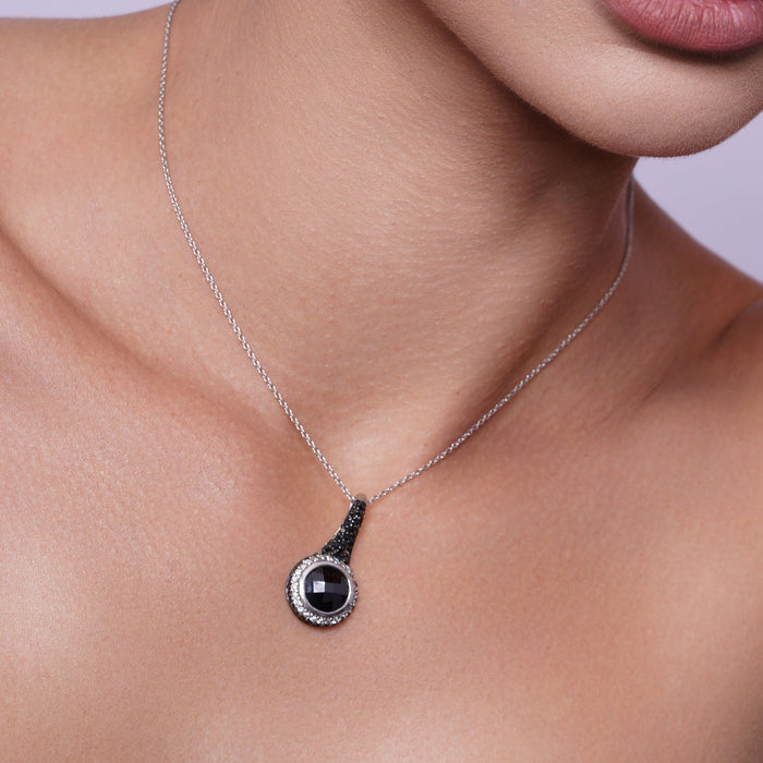 Clearance-Silver Black and Rhodium Plated Round CZ Hook Earring and Necklace Set - STS00185