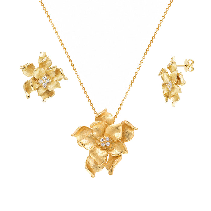 Clearance-Silver Gold Plated 925 Silver Flower CZ Stud Earring and Necklace Set - STS00247