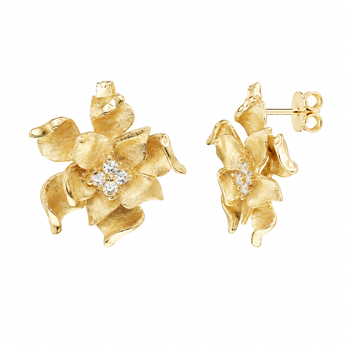Clearance-Silver Gold Plated 925 Silver Flower CZ Stud Earring and Necklace Set - STS00247