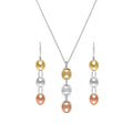 Clearance-Three-Tone Plated Textured Oval Dangling Earrings & Necklace Set - BGS00046