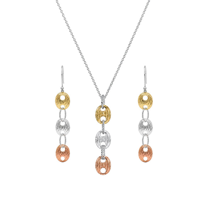 Clearance-Three-Tone Plated Textured Oval Dangling Earrings & Necklace Set - BGS00046