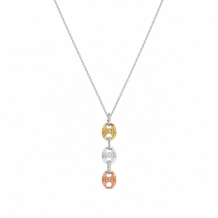 Clearance-Three-Tone Plated Textured Oval Dangling Earrings & Necklace Set - BGS00046