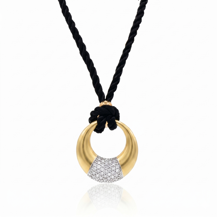 Clearance-Two Tone 925 Sterling SIlver CZ Disc Pendant Silk Rope Necklace - STP00953