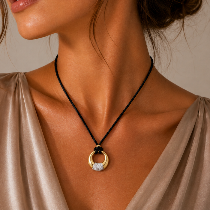 Clearance-Two Tone 925 Sterling SIlver CZ Disc Pendant Silk Rope Necklace - STP00953