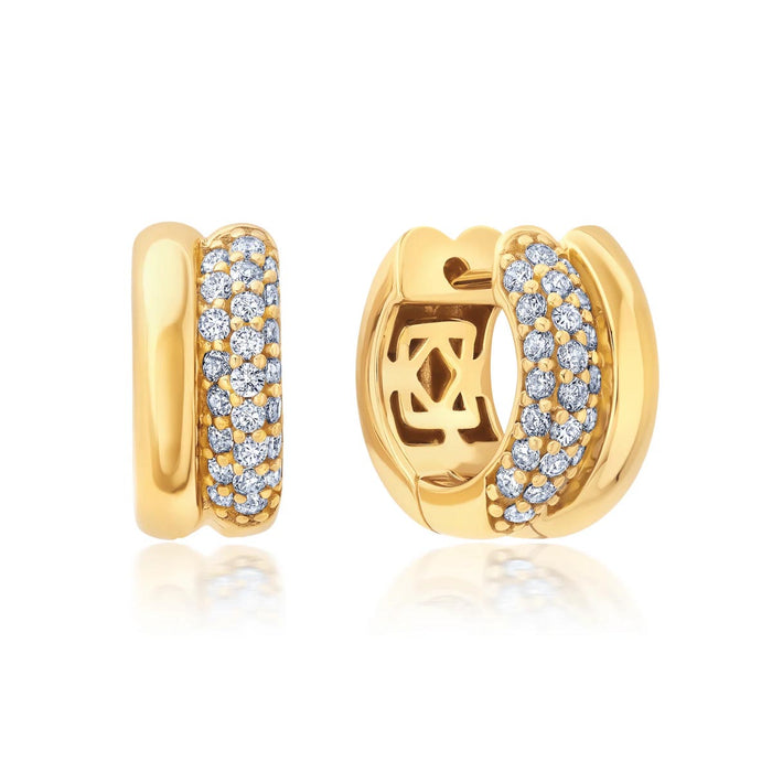 Crislu Plain and Pave Cubic Zirconia Huggie Hoop Earrings in Sterling Silver with 18kt Yellow Gold Finish