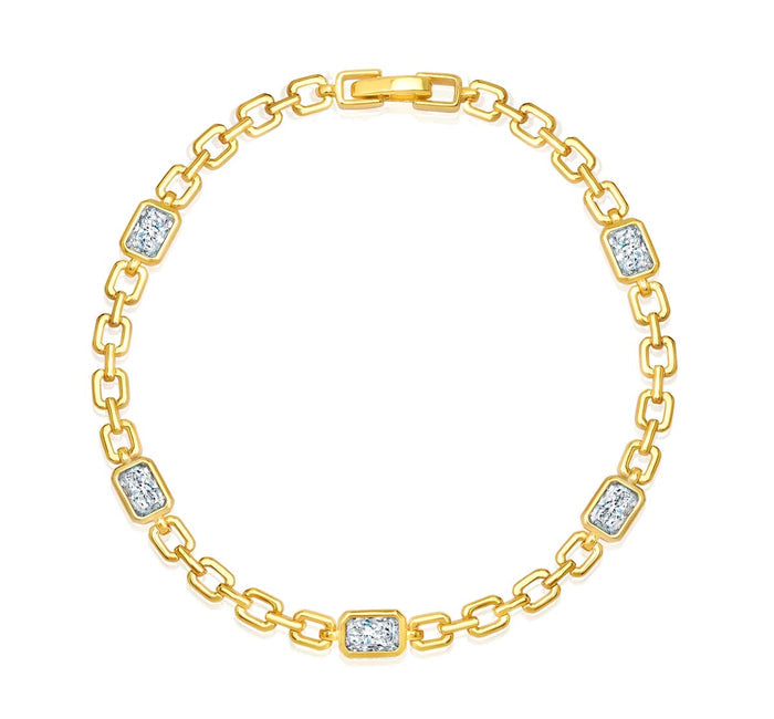 Crislu Radiant Cut Cubic Zirconia Link Bracelet in Sterling Silver with 18kt Yellow Gold Finish