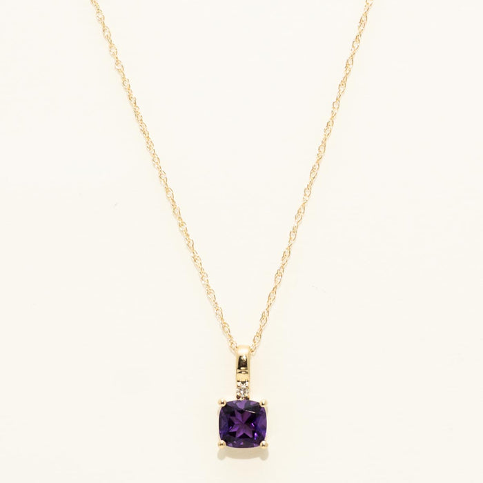 Cushion Cut Amethyst Necklace in 10kt Yellow Gold with Diamond (.01ct)