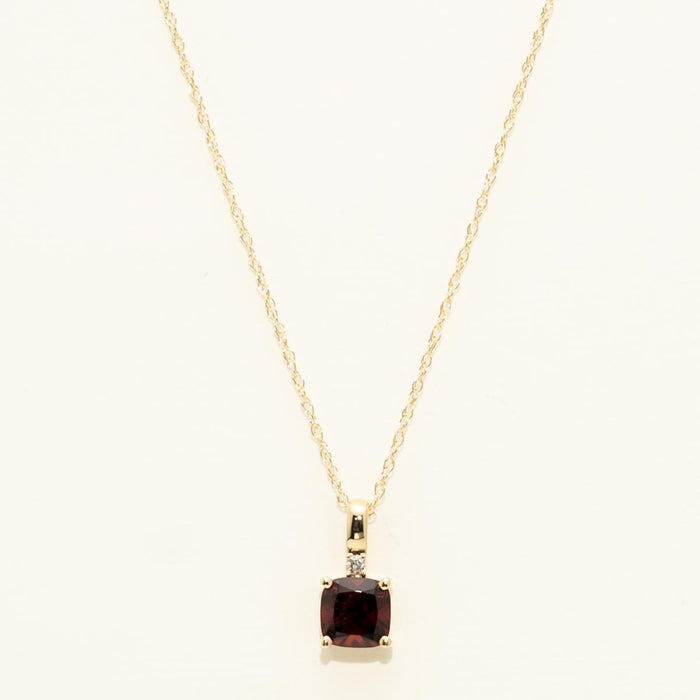Cushion Cut Garnet Necklace in 10kt Yellow Gold with Diamond (.01ct)