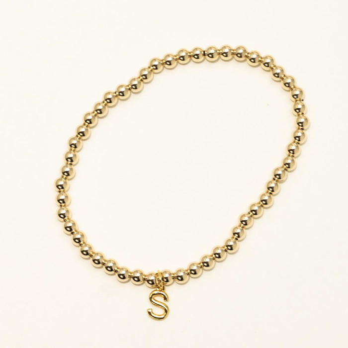 Dee Berkley Bead Bracelet in 14kt Gold Filled  with Vermeil S Initial Charm (4mm beads)