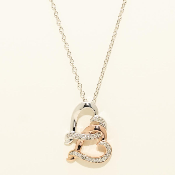 Diamond Double Heart Necklace in Sterling Silver and Rose Gold Plate (1/10ct tw)