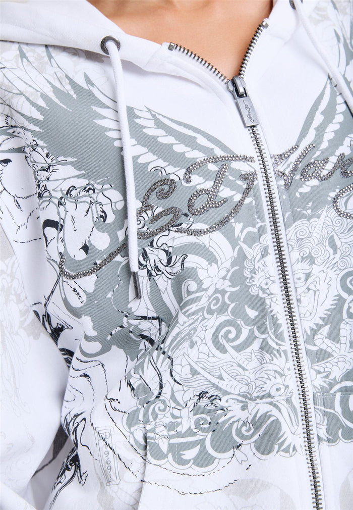 Ed Hardy Diamante Venom Enzyme Wash Relaxed Zip Thru Women's White Hoodie