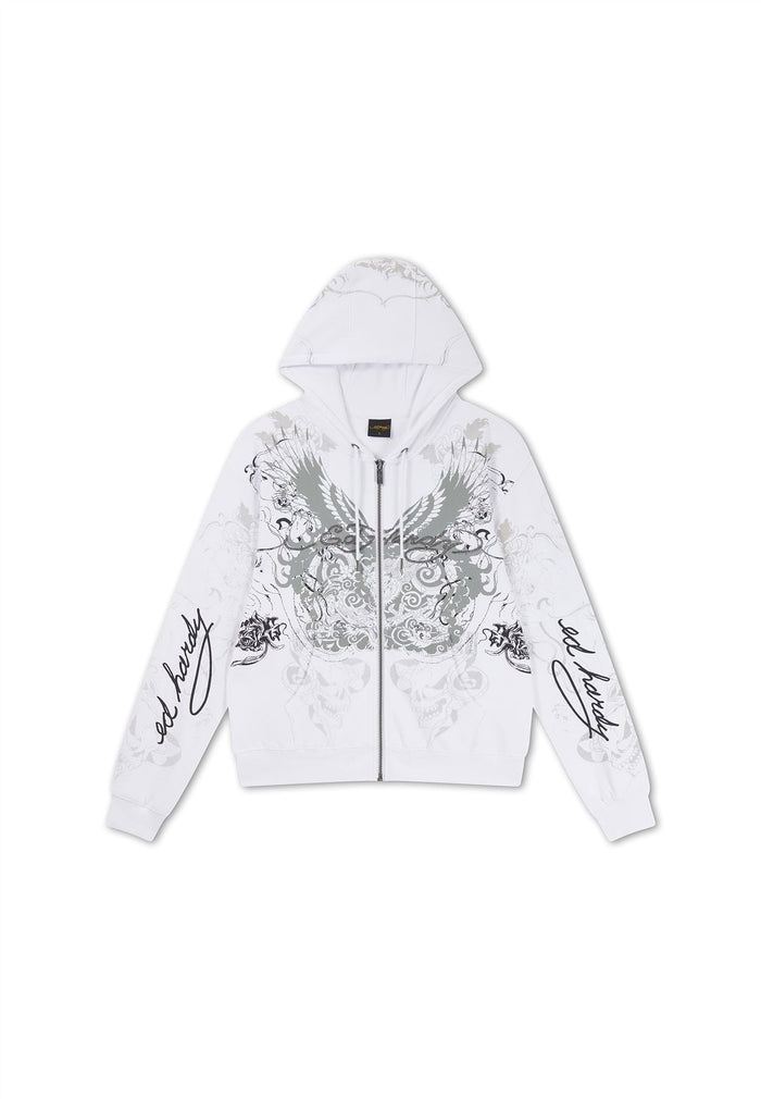 Ed Hardy Diamante Venom Enzyme Wash Relaxed Zip Thru Women's White Hoodie