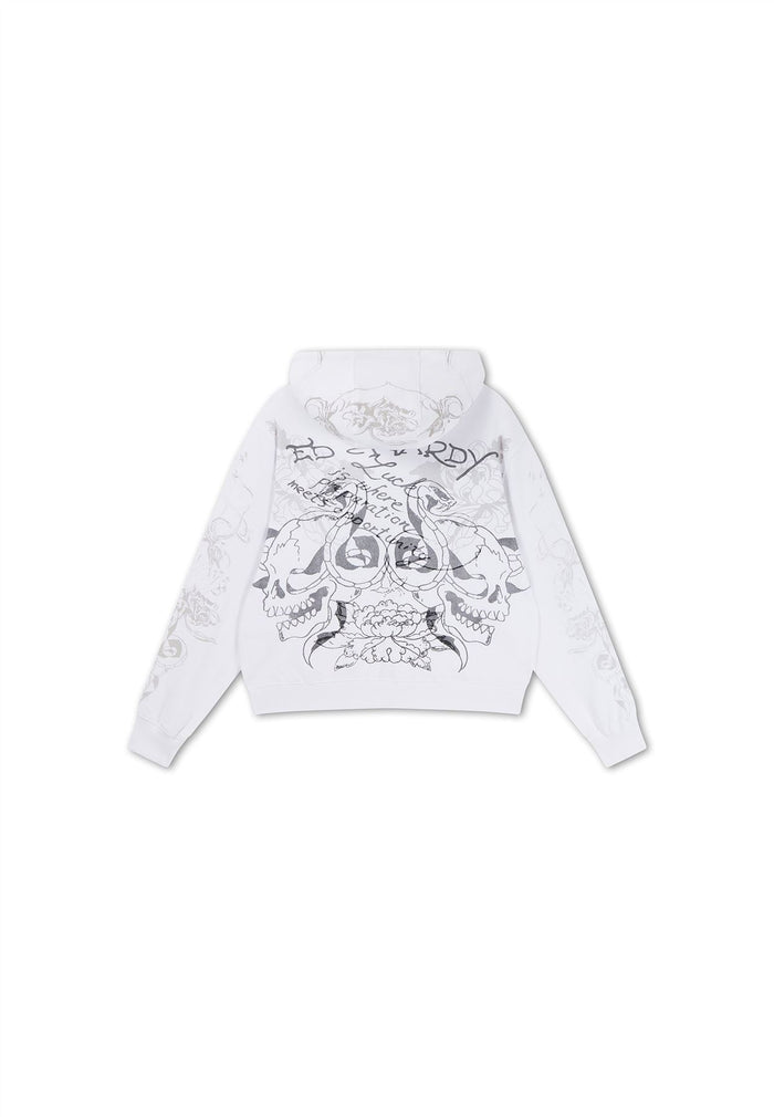 Ed Hardy Diamante Venom Enzyme Wash Relaxed Zip Thru Women's White Hoodie