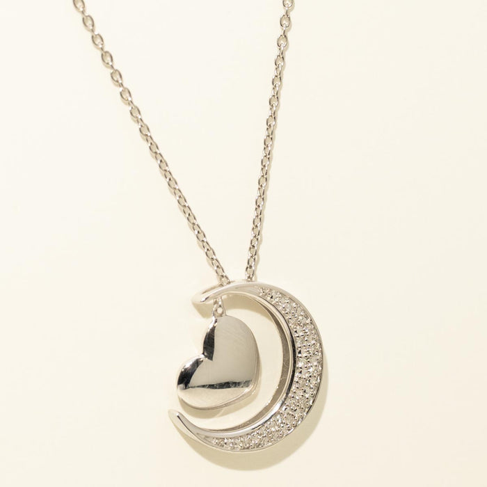 Engraved Heart and Half Moon Necklace in Sterling Silver with Diamonds (1/20ct tw)