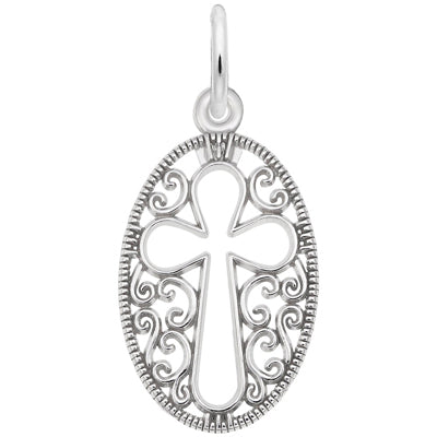 Filigree Oval Cross Charm in Sterling Silver