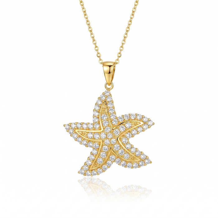 Gold Plated 925 Sterling Silver CZ Encrusted Startfish Pendant Necklace - STP00682