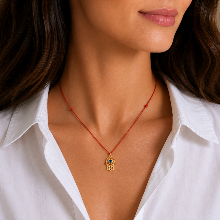 Gold Plated 925 Sterling Silver Hamsa Evil Eye Red Cord Pendant Necklace - BGP00308