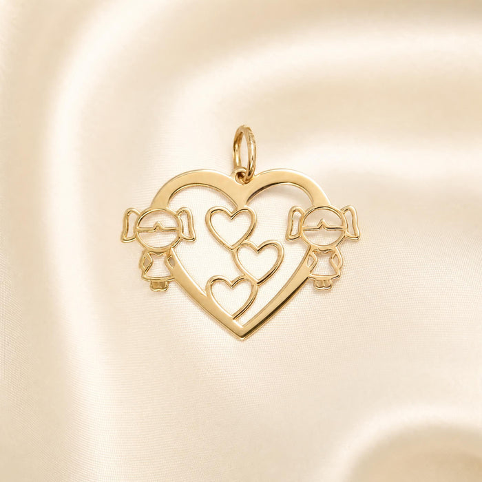 Hollow Heart Pendant with Two Girls in 18K Gold