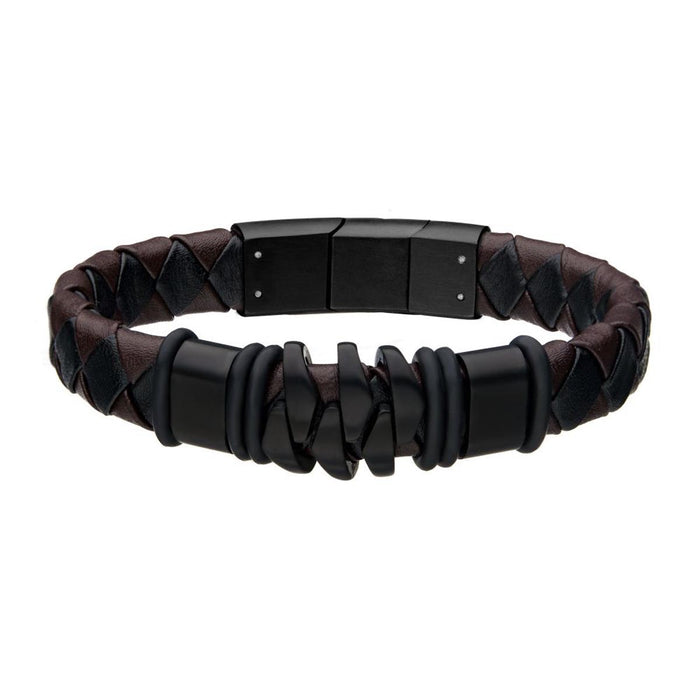 Mens Bracelet in Brown Leather and Black Ion Plated Stainless Steel (8.25-8.75 inches)