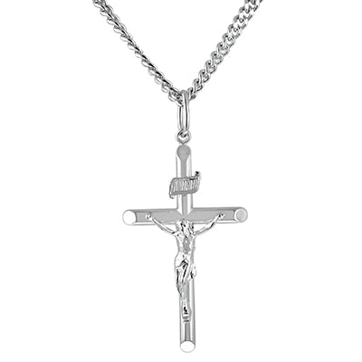 Mens Crucifix Necklace in Sterling Silver with Stainless Steel Chain